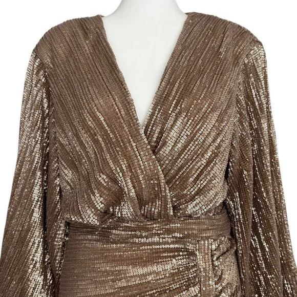 Lavish Alice Gold Sequin Long Sleeve Faux Wrap Draped Ruched Mini Dress (8)
